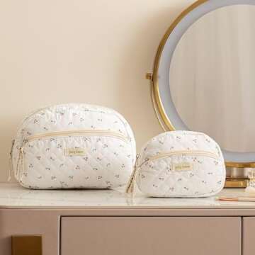 HBselect 2Pcs Cotton Quilted Makeup bag, Flower Cosmetic Bags for Women Girls, Large Capacity Cotton Makeup Bag, Travel Toiletry Bag, Cosmetic Organizer Bag Zipper Pouch