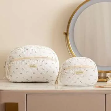 HBselect 2Pcs Cotton Quilted Makeup bag, Flower Cosmetic Bags for Women Girls, Large Capacity Cotton Makeup Bag, Travel Toiletry Bag, Cosmetic Organizer Bag Zipper Pouch