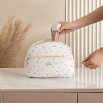 HBselect 2Pcs Cotton Quilted Makeup bag, Flower Cosmetic Bags for Women Girls, Large Capacity Cotton Makeup Bag, Travel Toiletry Bag, Cosmetic Organizer Bag Zipper Pouch