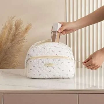 HBselect 2Pcs Cotton Quilted Makeup bag, Flower Cosmetic Bags for Women Girls, Large Capacity Cotton Makeup Bag, Travel Toiletry Bag, Cosmetic Organizer Bag Zipper Pouch