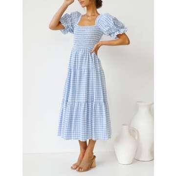 ZESICA Women's 2024 Bohemian Summer Plaid Square Neck Puff Sleeve Ruffle Flowy Beach Midi Dress,LightBlue,Medium