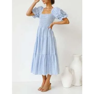 ZESICA Women's 2024 Bohemian Summer Plaid Square Neck Puff Sleeve Ruffle Flowy Beach Midi Dress,LightBlue,Medium