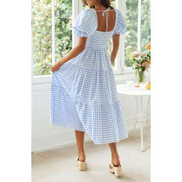 ZESICA Women's 2024 Bohemian Summer Plaid Square Neck Puff Sleeve Ruffle Flowy Beach Midi Dress,LightBlue,Medium