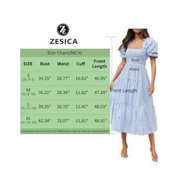 ZESICA Women's 2024 Bohemian Summer Plaid Square Neck Puff Sleeve Ruffle Flowy Beach Midi Dress,LightBlue,Medium