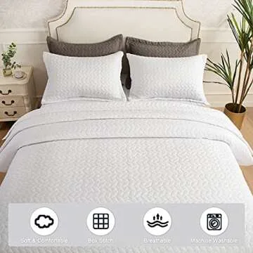 Hygge Hush Summer Quilt Set, Full Queen Size Pure White Leaves Pattern 3 Pieces Oversized Modern Style Bedspread for All Season (1 Quilt & 2 Pillow Shams)