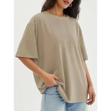 ATHMILE Womens Oversized T Shirts Loose Fit Crewneck Short Sleeve Tops Summer Casual Blouse Y2K 2025 Basic Tee Beach Khaki