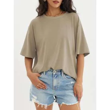 ATHMILE Womens Oversized T Shirts Loose Fit Crewneck Short Sleeve Tops Summer Casual Blouse Y2K 2025 Basic Tee Beach Khaki