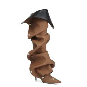 Arqa Womens Stiletto Heel Knee High Boots Pointed Toe Applique Denim Boot with Zipper Silver Buttons Fall Slouchy Boot Brown Size 8