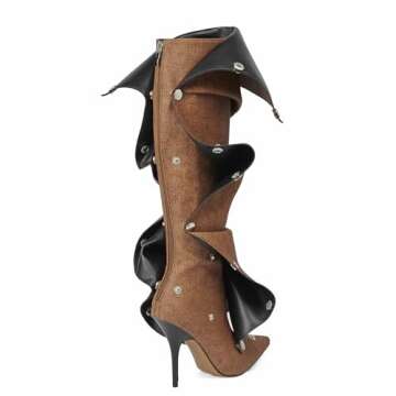 Arqa Womens Stiletto Heel Knee High Boots Pointed Toe Applique Denim Boot with Zipper Silver Buttons Fall Slouchy Boot Brown Size 8