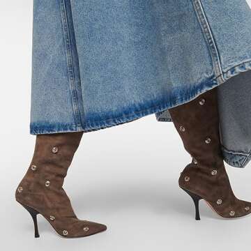 Arqa Womens Stiletto Heel Knee High Boots Pointed Toe Applique Denim Boot with Zipper Silver Buttons Fall Slouchy Boot Brown Size 8