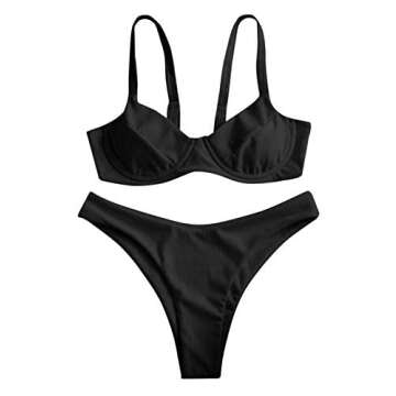 ZAFUL Underwire High Leg Ribbed Bikini Swimsuit Two Pieces Set Black