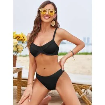 ZAFUL Underwire High Leg Ribbed Bikini Swimsuit Two Pieces Set Black