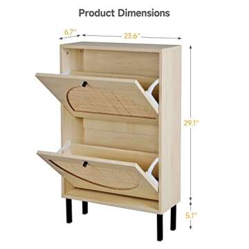 Angel Sar Rattan Shoe Cabinet with 2 Flip Drawers, Narrow Shoe Storage Cabinet for Entryway, Slim Shoe Organizer with Metal Legs, Natural Wood