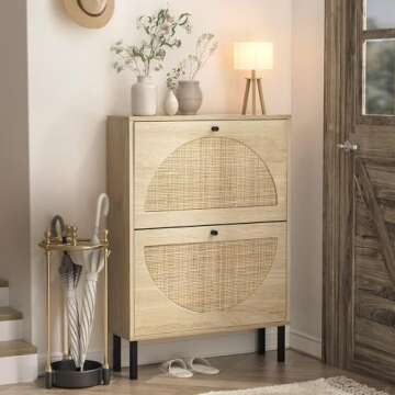 Angel Sar Rattan Shoe Cabinet with 2 Flip Drawers, Narrow Shoe Storage Cabinet for Entryway, Slim Shoe Organizer with Metal Legs, Natural Wood