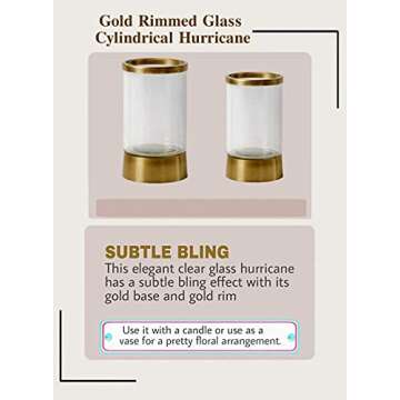 Serene Spaces Living Large 12" Gold Rimmed Glass Hurricane Candle Holder – Elegant Tabletop Decor – Cylindrical Glass Candle Holder - 12" Height x 6" Diameter