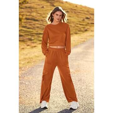 PRETTYGARDEN Womens Fall 2 Piece Outfits Sweatsuits Sets Long Sleeve Crop Tops Sweatshirt Wide Leg Cargo Pants with Pockets (Brown,XX-Large)