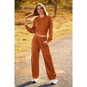 PRETTYGARDEN Womens Fall 2 Piece Outfits Sweatsuits Sets Long Sleeve Crop Tops Sweatshirt Wide Leg Cargo Pants with Pockets (Brown,XX-Large)