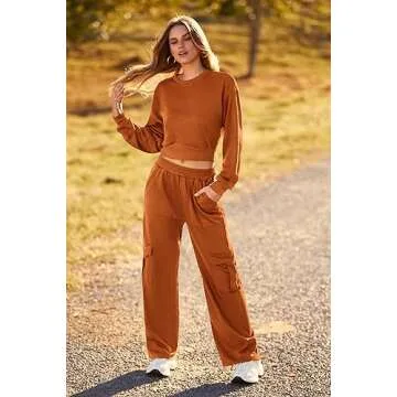 PRETTYGARDEN Womens Fall 2 Piece Outfits Sweatsuits Sets Long Sleeve Crop Tops Sweatshirt Wide Leg Cargo Pants with Pockets (Brown,XX-Large)