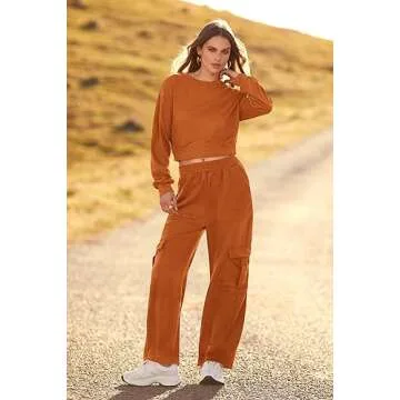 PRETTYGARDEN Womens Fall 2 Piece Outfits Sweatsuits Sets Long Sleeve Crop Tops Sweatshirt Wide Leg Cargo Pants with Pockets (Brown,XX-Large)