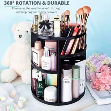 EYCIO 360 Rotating Makeup Organizers and Storage, Spinning Bathroom Organizer Rotating DIY Carousel Makeup Organizer Perfume Organizer - 7 Adjustable Layers with 4 Trays, Black