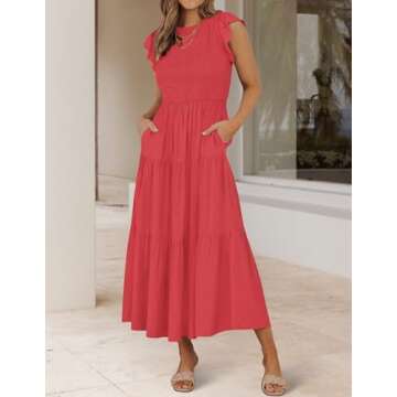 ZESICA Women's 2024 Summer Casual Flutter Short Sleeve Crew Neck Smocked Elastic Waist Tiered Midi Dress,Watermelonred,Medium