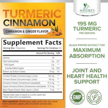 Turmeric Curcumin Gummies 95% Curcuminoids with Cinnamon, Ginger & Black Pepper Extract for Max Abso...