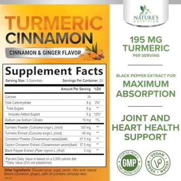 Turmeric Curcumin Gummies 95% Curcuminoids with Cinnamon, Ginger & Black Pepper Extract for Max Abso...