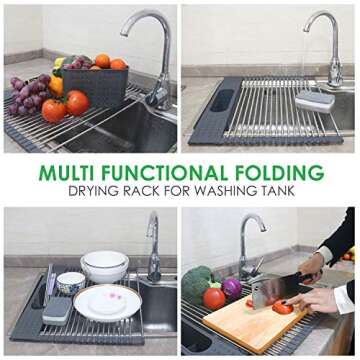 Roll Up Dish Drying Rack, Portable Stainless Steel Over The Sink Dish Drying Rack for Kitchen [17.4"x 15.5"-Dark Grey]