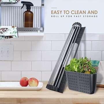 Roll Up Dish Drying Rack, Portable Stainless Steel Over The Sink Dish Drying Rack for Kitchen [17.4"x 15.5"-Dark Grey]