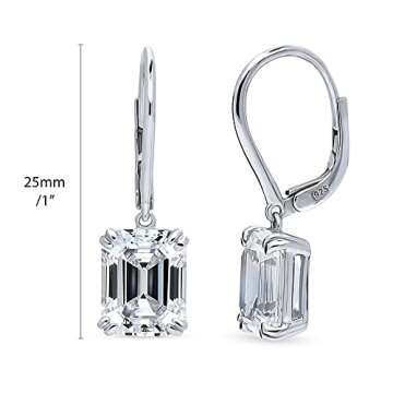 BERRICLE Sterling Silver Solitaire 7.6 Carat Emerald Cut Cubic Zirconia CZ Fashion Leverback Dangle ...