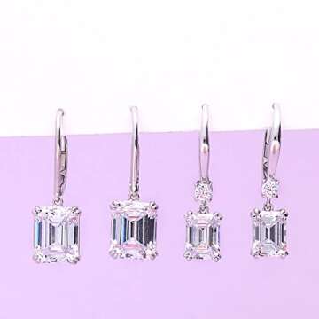 BERRICLE Sterling Silver Solitaire 7.6 Carat Emerald Cut Cubic Zirconia CZ Fashion Leverback Dangle Drop Earrings for Women, Rhodium Plated