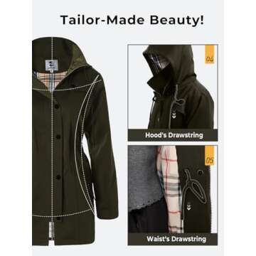 SaphiRose Women's Long Hooded Rain Jacket Outdoor Raincoat Windbreaker