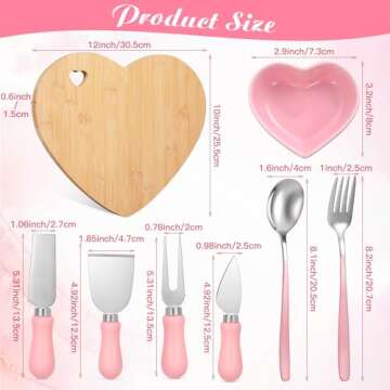 Maxcheck 9 Pcs Heart Shaped Charcuterie Board and Serving Set Including Bamboo Cutting Board Heart Ceramic Bowls Dishes 4 Pcs Cheese Knives and Spoon Fork for Wedding Valentine's Day (Pink)