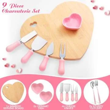 Maxcheck 9 Pcs Heart Shaped Charcuterie Board and Serving Set Including Bamboo Cutting Board Heart Ceramic Bowls Dishes 4 Pcs Cheese Knives and Spoon Fork for Wedding Valentine's Day (Pink)