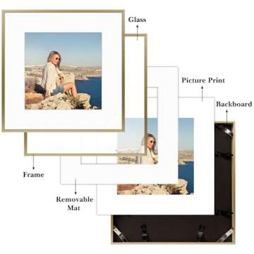 Frametory, 12x12 Gold Aluminum Picture Frame - Set of 12 - Ideal for Displaying 8x8 Photos with Mat or 12x12 Without Mat - Real Glass Front - Simple Gallery Wall Frames for Art Prints and Posters