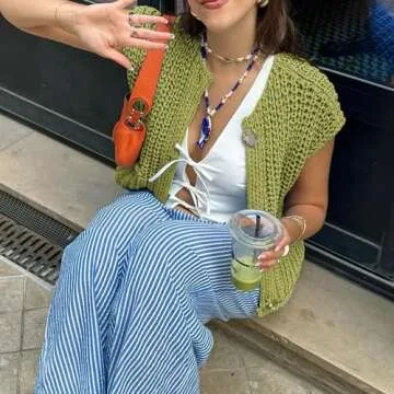 Hixiaohe Womens Crochet Chunky Knit Top Sleeveless Button Down Crop Tops Trendy Cardigan Sweater Vest for Women with Pockets(Yellow-Green,S)