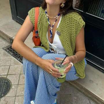 Hixiaohe Womens Crochet Chunky Knit Top Sleeveless Button Down Crop Tops Trendy Cardigan Sweater Vest for Women with Pockets(Yellow-Green,S)