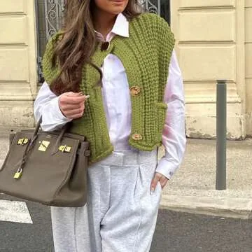 Hixiaohe Womens Crochet Chunky Knit Top Sleeveless Button Down Crop Tops Trendy Cardigan Sweater Vest for Women with Pockets(Yellow-Green,S)