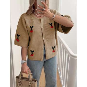 TIQOJE Women's Casual Dressy Cardigan Sweaters Half Sleeve Open Front Button Down knit Cherry Cardig...