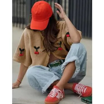 TIQOJE Women's Casual Dressy Cardigan Sweaters Half Sleeve Open Front Button Down knit Cherry Cardigans(Khaki-XS)