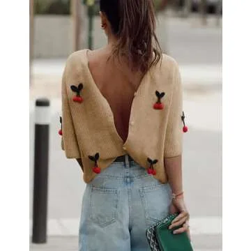 TIQOJE Women's Casual Dressy Cardigan Sweaters Half Sleeve Open Front Button Down knit Cherry Cardigans(Khaki-XS)