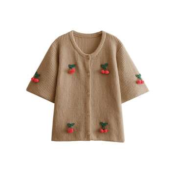 TIQOJE Women's Casual Dressy Cardigan Sweaters Half Sleeve Open Front Button Down knit Cherry Cardigans(Khaki-XS)