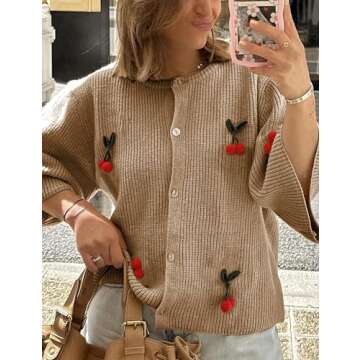 TIQOJE Women's Casual Dressy Cardigan Sweaters Half Sleeve Open Front Button Down knit Cherry Cardigans(Khaki-XS)