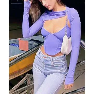 Meladyan Women Sexy Long Sleeve Crop Top and Cover Up
