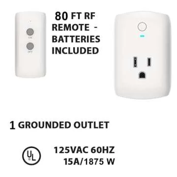 TEKLECTRIC Indoor Remote Control Outlet with 1 Grounded Plugs, 80 FT Range Wireless Outlet for Fans, Electrical Devices, Christmas Lights - 1875 Watt 15A 1/2 HP Heavy Duty (1 Remote 1 Receiver)