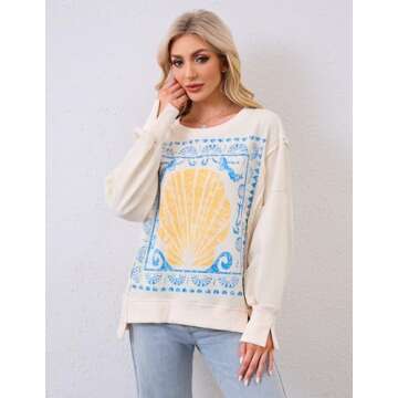 Eutten Graphic Sweatshirts for Women Oversized Crewneck Shell Print Sweatshirt Vintage High Low Spli...