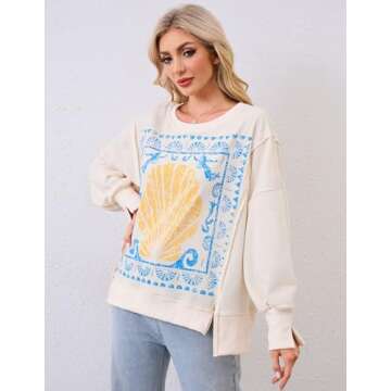 Eutten Graphic Sweatshirts for Women Oversized Crewneck Shell Print Sweatshirt Vintage High Low Split Loose Y2k Pullover Beige