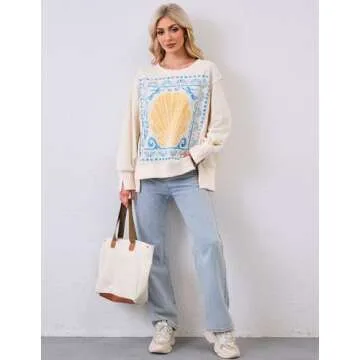 Eutten Graphic Sweatshirts for Women Oversized Crewneck Shell Print Sweatshirt Vintage High Low Split Loose Y2k Pullover Beige