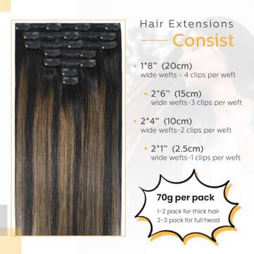 VARIO Clip in Hair Extensions,Real Human Hair 12inch 70g 7pcs #1BT6P1B Natural Black to Light Brown 100% Human Hair Highlights Black Natural Straight Woman Beauty 12 Inch