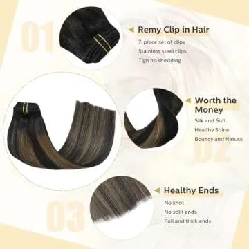 VARIO Clip in Hair Extensions,Real Human Hair 12inch 70g 7pcs #1BT6P1B Natural Black to Light Brown 100% Human Hair Highlights Black Natural Straight Woman Beauty 12 Inch